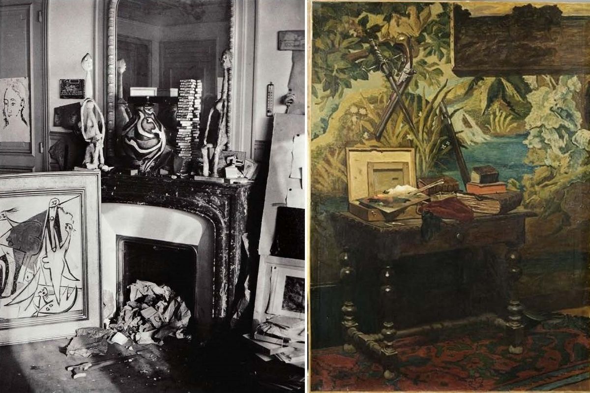 zur Vergrößerungsansicht des Bildes: Links schwarz weißes Photo eines Ateliers. Rechts ein Bild aus Ölleinwand eines Künstlerateliers