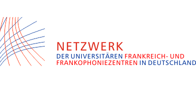Es ist ein rot-blaues Netz zu sehen, blaue und rote Linien kreuzen sich. Daneben prangt ein Schriftzug: Logo des Netzwerks der universitären Frankreich und Frankophoniezentren in Deutschland