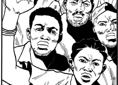 Comiczeichnung i S/W, zeigt vier Menschen mit wütender Mimik und erhobenen Fäusten