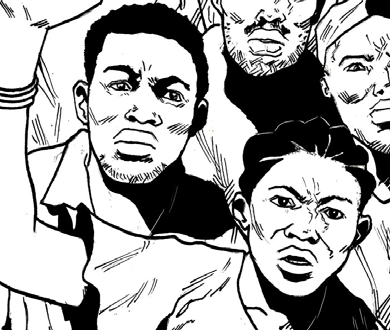 Comiczeichnung i S/W, zeigt vier Menschen mit wütender Mimik und erhobenen Fäusten